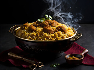 dish of biryani with smoke on dark background.