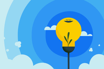 Eco friendly of yellow light bulb on blue sky background. Save Energy, Ecology and environment concept. Vector Illustration for Landing Page Template.