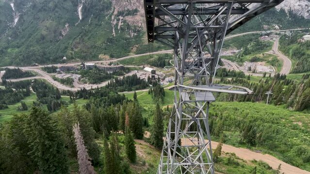 Summer ski lift high snowbird mountain Utah. Summer and winter all season mountain resort. Vacation nature family fun destination. Recreation on rides, activities and events.