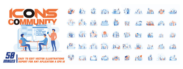 Icons community concept illustration, collection of male and female business people scenes in the icons community scene. mega set flat vector modern illustration