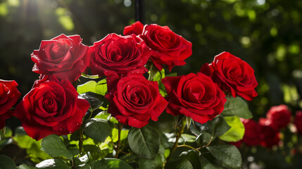 Red Roses Garden Elegance. Elegantly blooming red roses adding grace and elegance to a photorealistic spring garden landscape. Generative ai