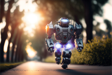 Cute robot running in public park.
