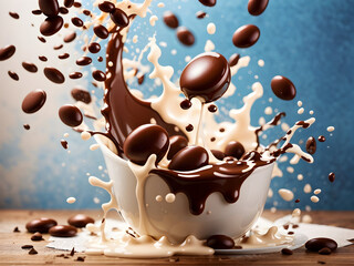 chocolate beans being dropped into milk and a splash on a bright background. 