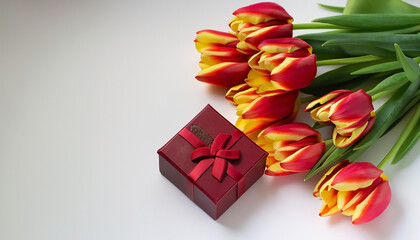 yellow tulips and gift box