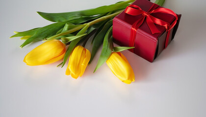 yellow tulips and gift box