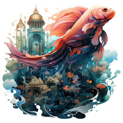 A mystical betta fish t-shirt design, presenting a betta fish with a fantastical, mythical appearance, Generative Ai