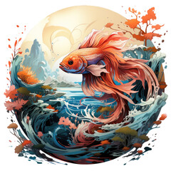 Obraz premium A surreal betta fish t-shirt design, featuring a betta fish with elongated, abstract forms, swimming in an otherworldly, Generative Ai