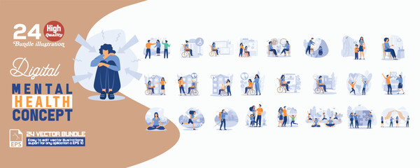 Digital mental health concept illustration, collection of male and female business people scenes in the digital mental health concept scene. mega set flat vector modern illustration
