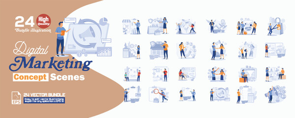 Digital marketing concept scenes illustration, collection of male and female business people scenes in the digital marketing concept scene. mega set flat vector modern illustration