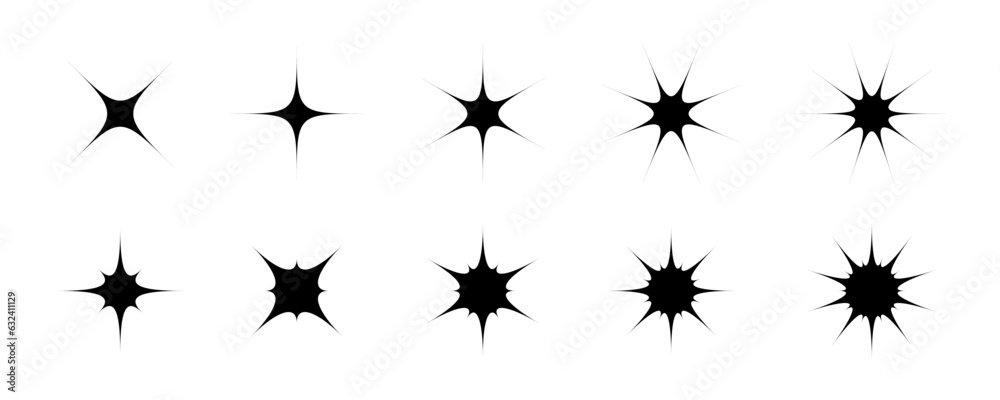 Poster black star and sparkle shapes set. retro bling twinkle collection. abstract y2k starburst shine effe