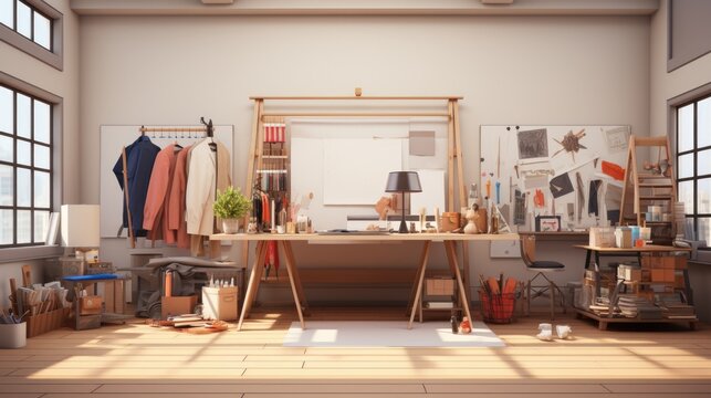 Fashion designer studio a personal computer working clothes hanging sewing machine and various sewing machines related on colorful fabric standing mannequin table, Fashion designer working studio