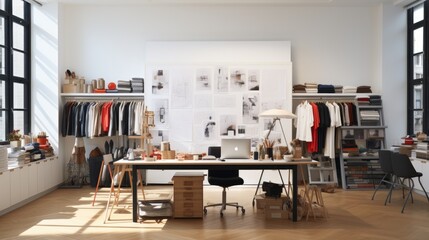 Fashion designer studio a personal computer working clothes hanging sewing machine and various sewing machines related on colorful fabric standing mannequin table, Fashion designer working studio