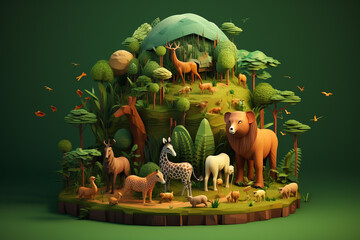 Isometric Nature: Miniature Forest Scene with Animals. Generative AI