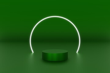 3d platform green color for product background stage or podium and blank display platform with ring circle neon white color. 3d illustration rendering