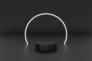 3d platform black color for product background stage or podium and blank display platform with ring circle neon white color. 3d illustration rendering