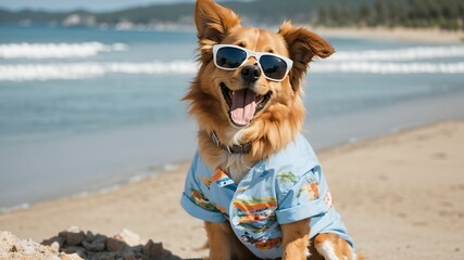 a dog wearing sunglasses on a beach near the ocean with a shirt on it's 