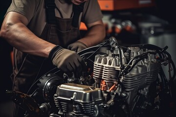 Fototapeta na wymiar Mechanic fixing motocycle engine with tools