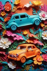 Kirigami style Car and Blooms in Colorful Harmony Flowers  