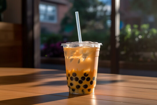 a glass of bubble tea with pearl on a table