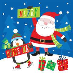 christmas card with santa claus. penguin and gifts