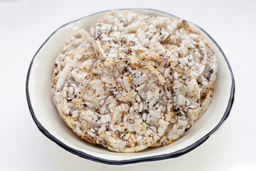 Round crispy rice crackers. Rice cakes