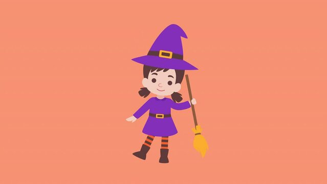 Happy girl witch holding a broom vector cartoon style isolated alpha background to celebrate Halloween celebrities' holiday greetings. Vector illustration cartoon.