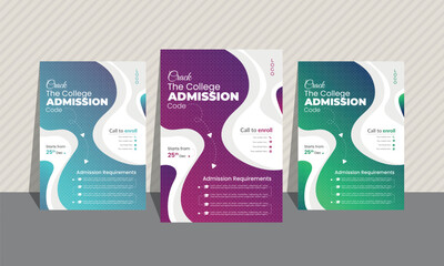 Admission flyer bundle of 3 gradient colors. Most unique curvy shape, background image, and layout.A4 size. Blue, sky blue, purple, pink, green, neon. Editable, white background, set, icon.
