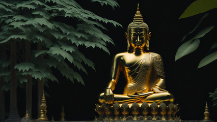 Amidst a tranquil oasis of green leaves, a majestic golden Buddha statue serenely, its radiant presence contrasting with the soothing shadows.