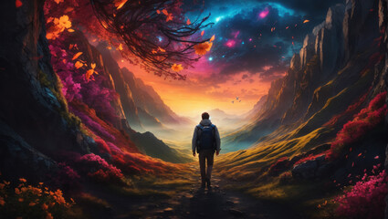 Obraz premium Amidst the picturesque embrace of a colorful valley, a man stands in awe, his gaze fixed upon the kaleidoscope of hues painted across the canvas of the sky.