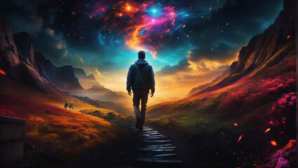 Obraz premium Man stands at the edge of a vibrant valley, his silhouette accentuated against the backdrop of the stunning array of colors that paint the sky and the landscape.