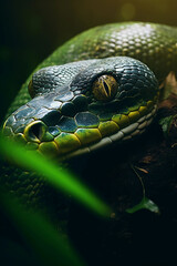 Fototapeta premium Green Anaconda in the Jungle. Majestic Portrait. Wildlife Animal. Generative ai