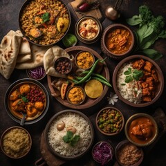 Fototapeta na wymiar Assorted indian food on black background.. Indian cuisine. Top view. Generative ai