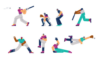 Set of baseball players catching and throwing ball, flat vector illustration isolated on white background.
