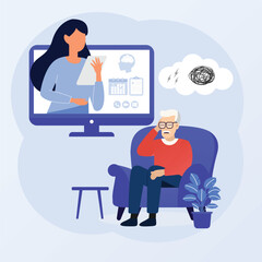 Online psychological help. Sad elderly man talking with psychologist on the chair. Vector flat style illustration