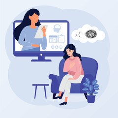 Online Psycholotherapy concept. Sad woman talking with psychologist on the chair. Vector flat style illustration