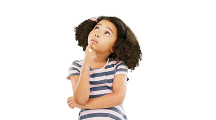 Thinking, idea and girl with a planning decision isolated on a transparent, png background. Doubt,...