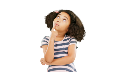 Thinking, idea and girl with a planning decision isolated on a transparent, png background. Doubt, youth question and a confused child and kid thoughtful, contemplating and curious for future