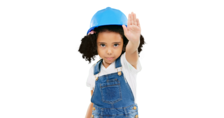 Stop, construction and face of child architect with hand sign in no or halt isolated on a transparent PNG background. Safety and portrait of little girl or kid with warning for building or renovation