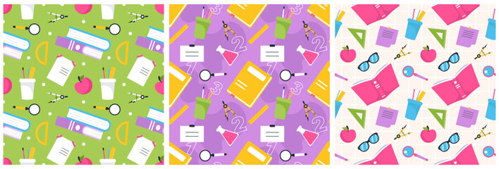 Set of Happy Teacher Seamless Pattern Design Educational Style Elements in Template Hand Drawn Cartoon Flat Illustration