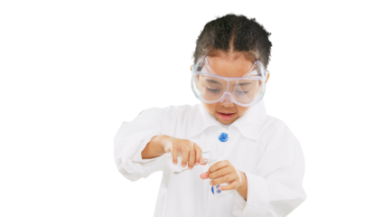 Girl, child and science with chemical in beaker, learning to be a scientist isolated on png transparent background. Young female kid, dream and chemistry, education and knowledge with experiment
