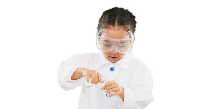 Girl, child and science with chemical in beaker, learning to be a scientist isolated on png transparent background. Young female kid, dream and chemistry, education and knowledge with experiment