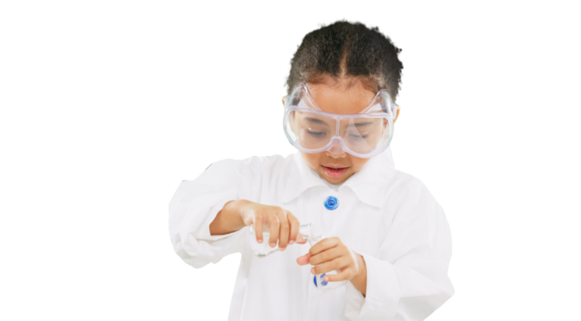 Girl, child and science with chemical in beaker, learning to be a scientist isolated on png transparent background. Young female kid, dream and chemistry, education and knowledge with experiment