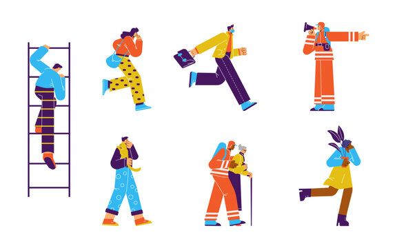 Alarm evacuation with people leave premises, flat vector illustration isolated.