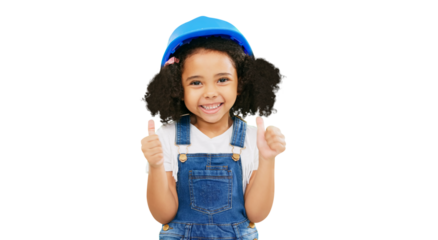 Thumbs up, smile and construction with portrait of child on png for success, like or achievement. Yes, engineering and thank you with young girl isolated on transparent background for safety and sign