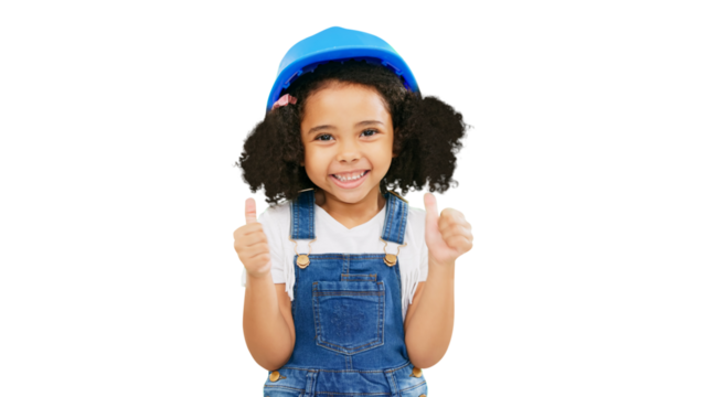 Thumbs up, smile and construction with portrait of child on png for success, like or achievement. Yes, engineering and thank you with young girl isolated on transparent background for safety and sign