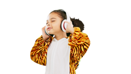 Girl, kid and headphones, listening to music and audio streaming isolated on png transparent background. Wireless technology, peace and radio with young female child, sound and hip hop playlist
