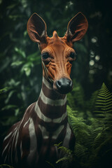 Okapi in the Jungle Showing its Unique Markings. Majestic Portrait. Wildlife Animal. Generative ai