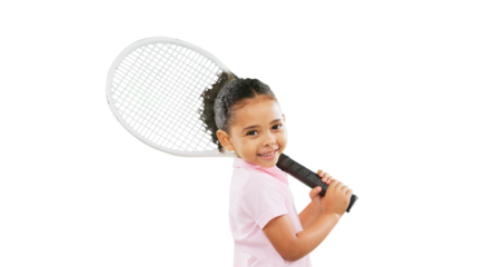 Child, athlete and kid tennis player ready for training, exercise and workout isolated on a transparent PNG background. Portrait, little girl and cute young person or beginner smile in fitness sports
