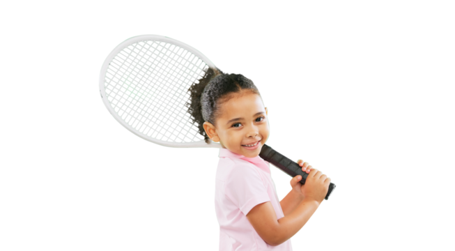 Child, athlete and kid tennis player ready for training, exercise and workout isolated on a transparent PNG background. Portrait, little girl and cute young person or beginner smile in fitness sports