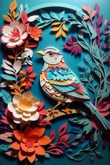 Floral background with flowers Colorful Kirigami Birds and Blooms in Harmony